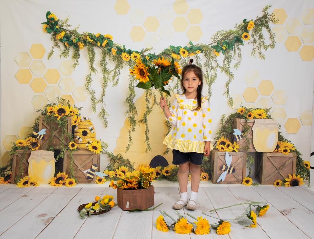 Kate Honey Bee Backdrop Sunflower Cake Smash Photography Designed by Megan Leigh Photography