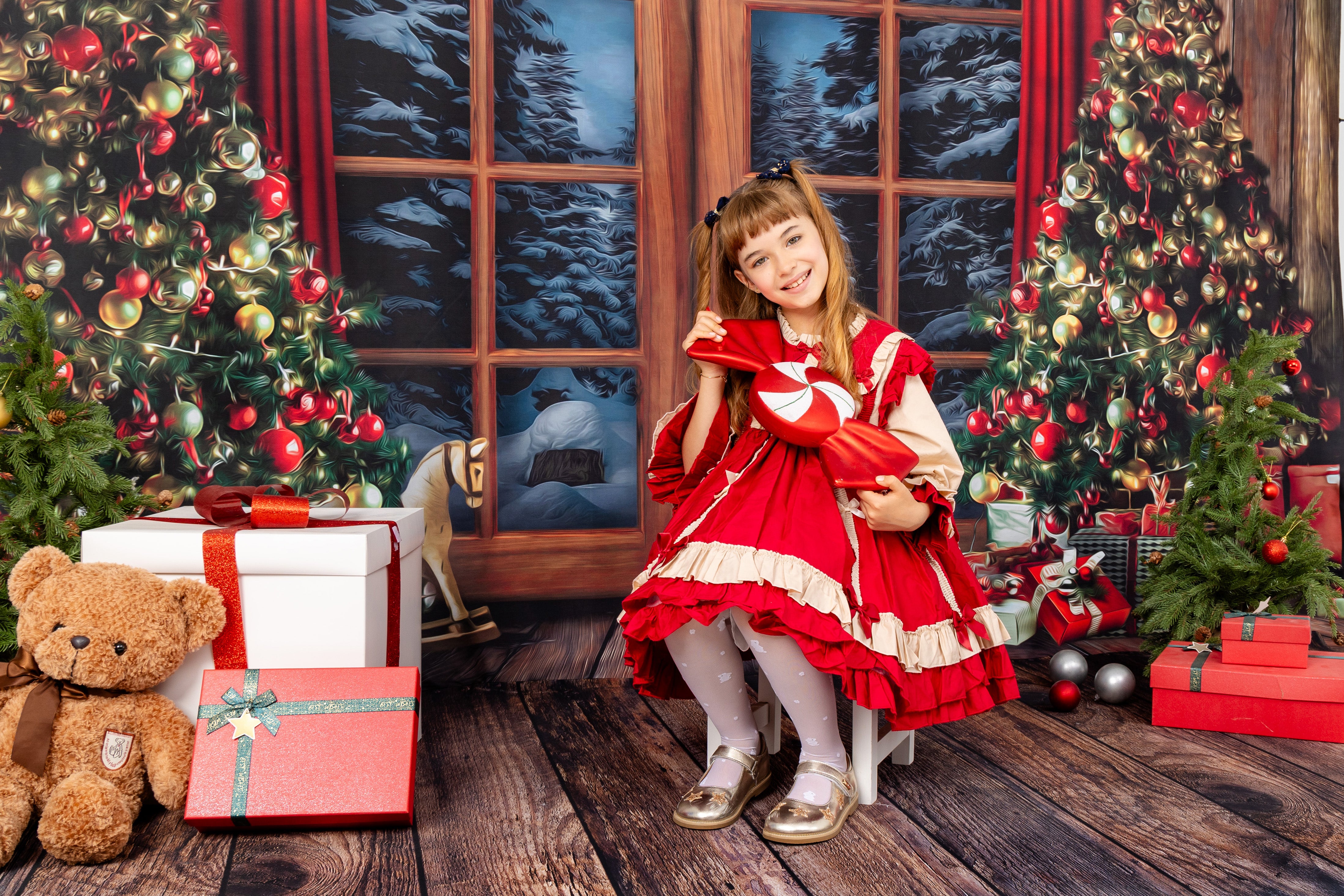 Kate Christmas Tree Backdrop Snow Outside Window for Photography - Kate Backdrop AU