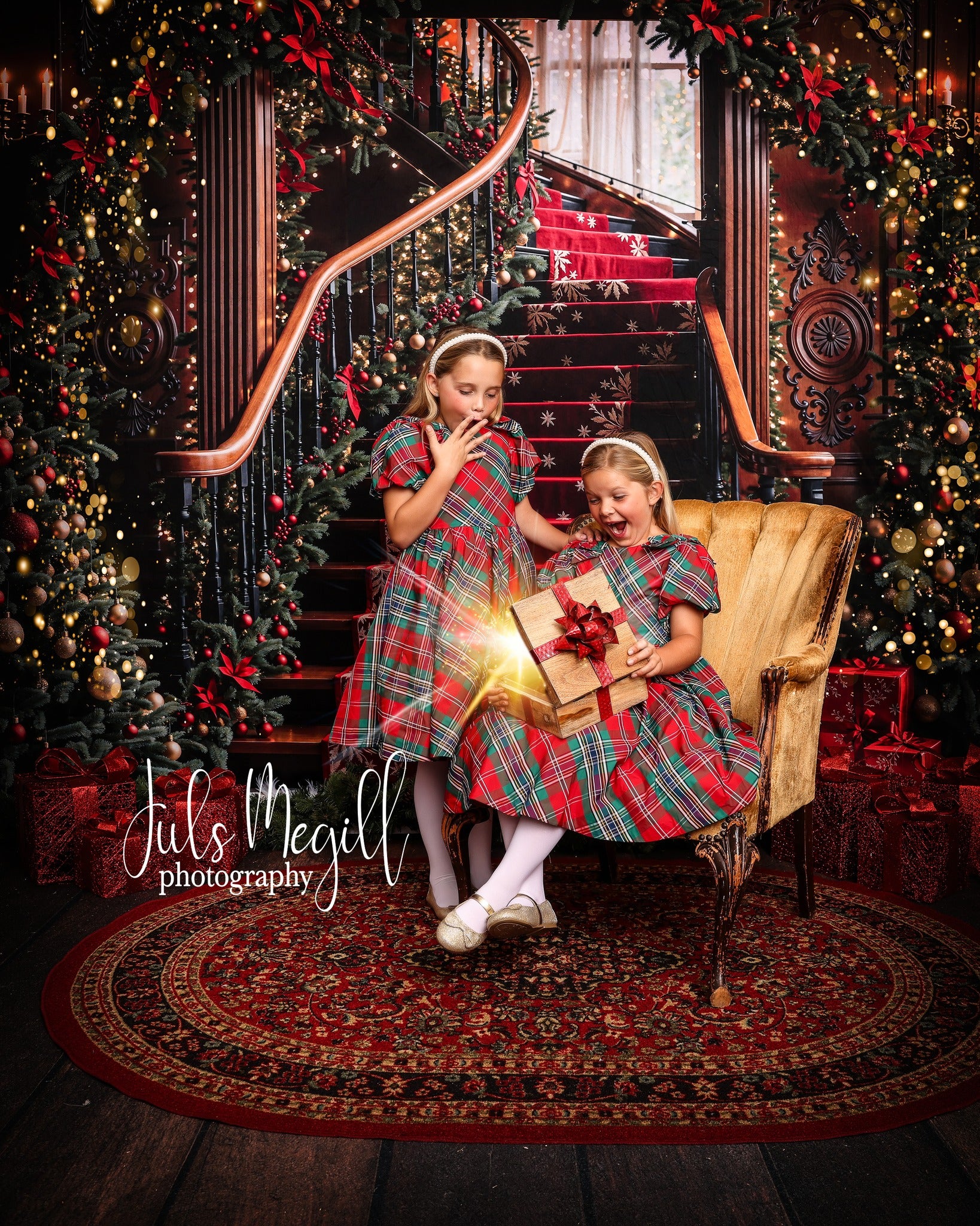 Kate Christmas Tree Arch Vintage Stairs Backdrop Designed by Emetselch - Kate Backdrop AU