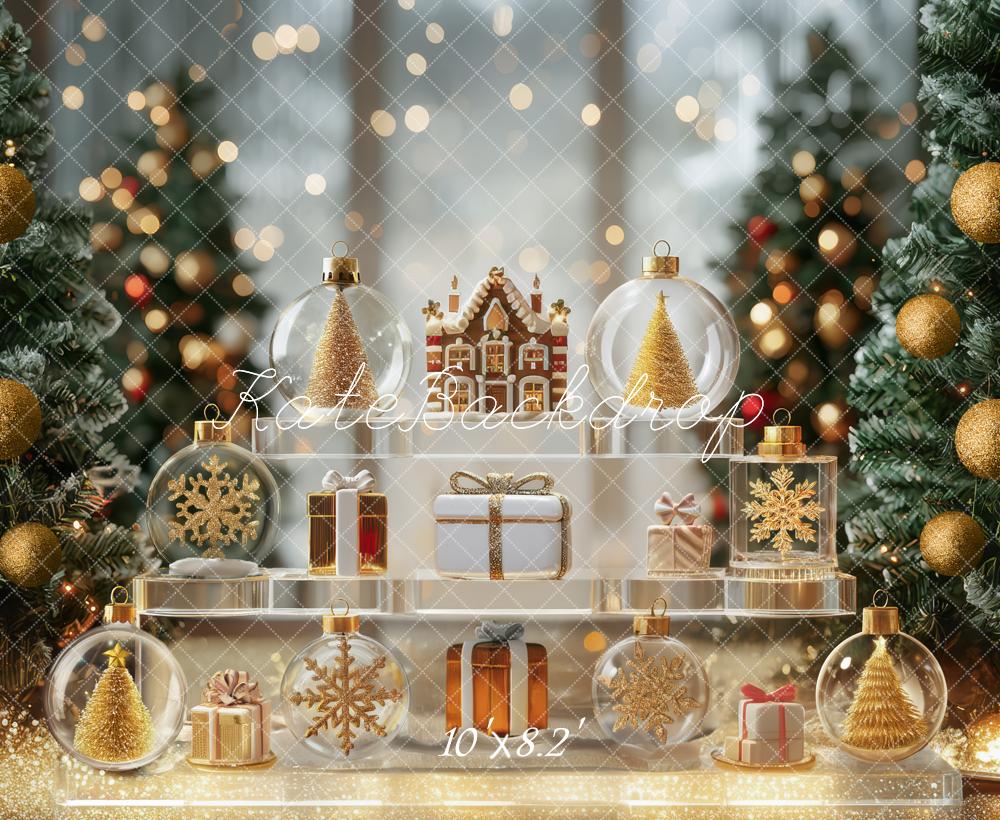 Kate Christmas Trees Gold Ornaments Presents Backdrop Designed by Mini MakeBelieve - Kate Backdrop AU