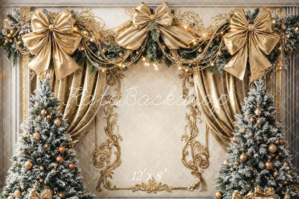 Kate Christmas Trees Gold Bows Fleece Backdrop Designed by Chain - Kate Backdrop AU
