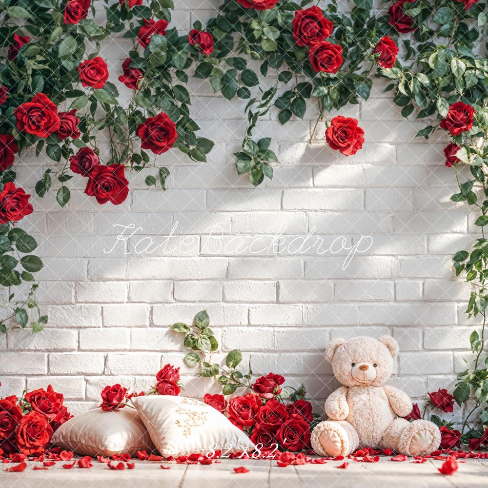 Kate Red Roses White Brick Wall Teddy Bear Backdrop Designed by Emetselch