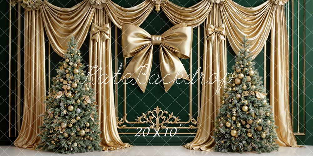 Kate Christmas Gold Bow Trees Curtains Backdrop Designed by Emetselch
