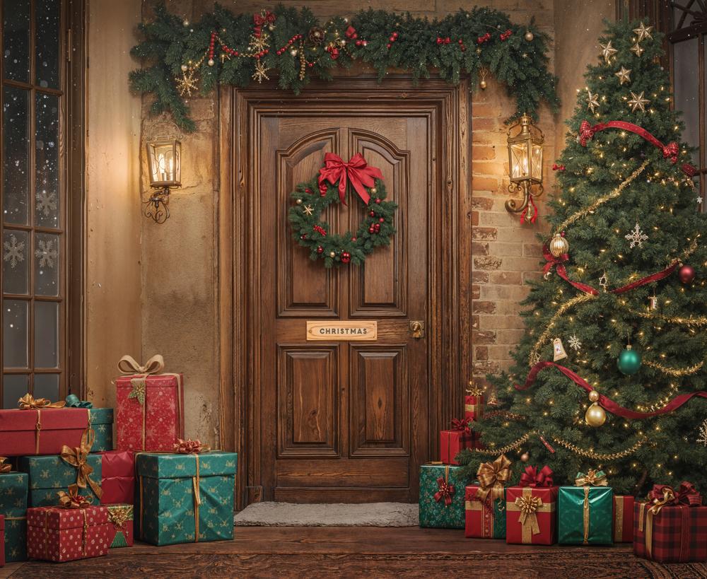 Kate Christmas Tree Presents Wooden Door Backdrop Designed by GQ - Kate Backdrop AU