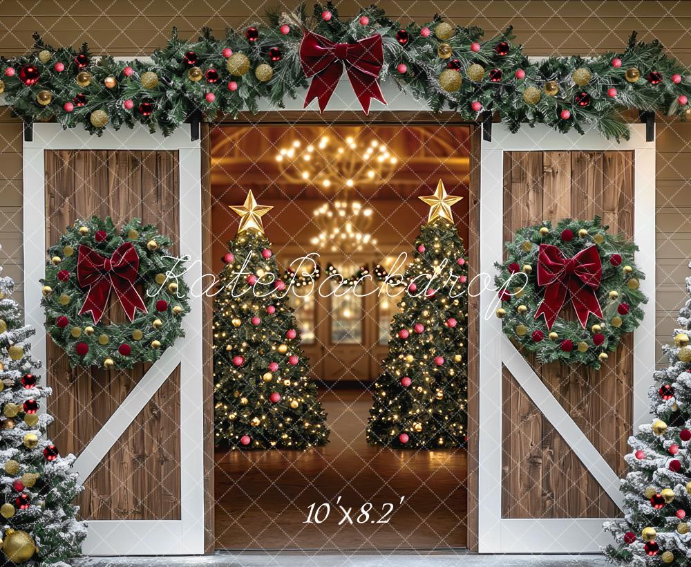 Kate Christmas Barn Door Trees Garland Backdrop Designed by Mini MakeBelieve - Kate Backdrop AU