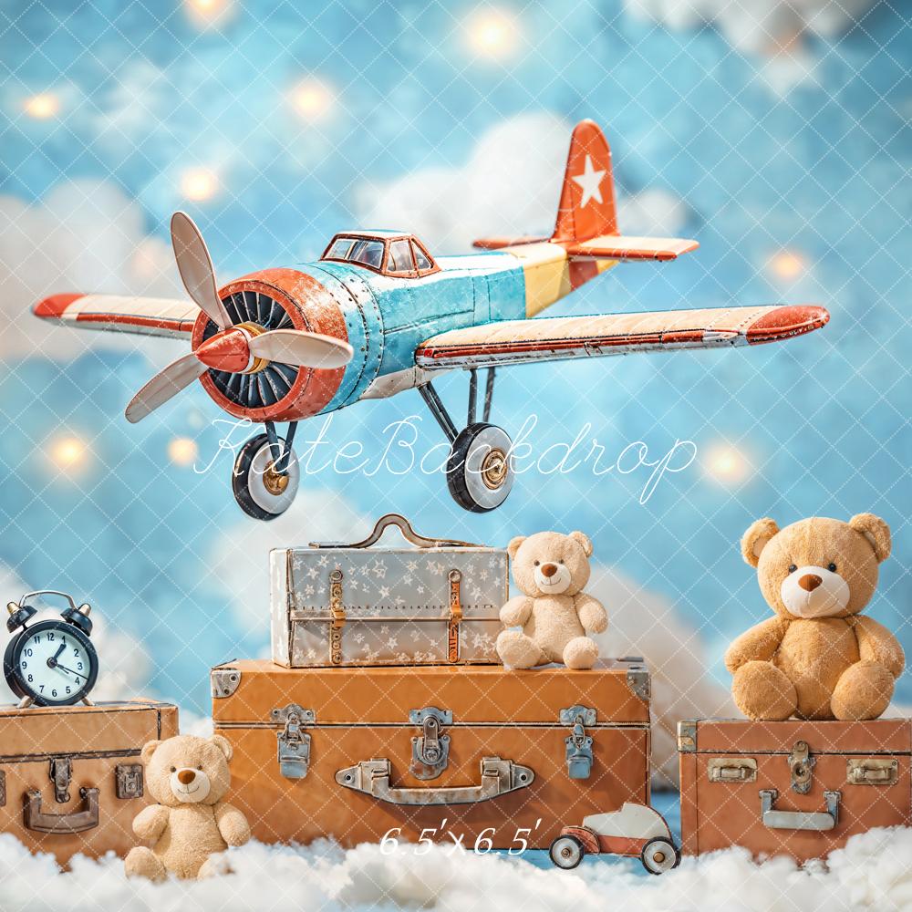 Kate Aeroplane Clouds Teddy Bears Suitcases Backdrop Designed by Emetselch