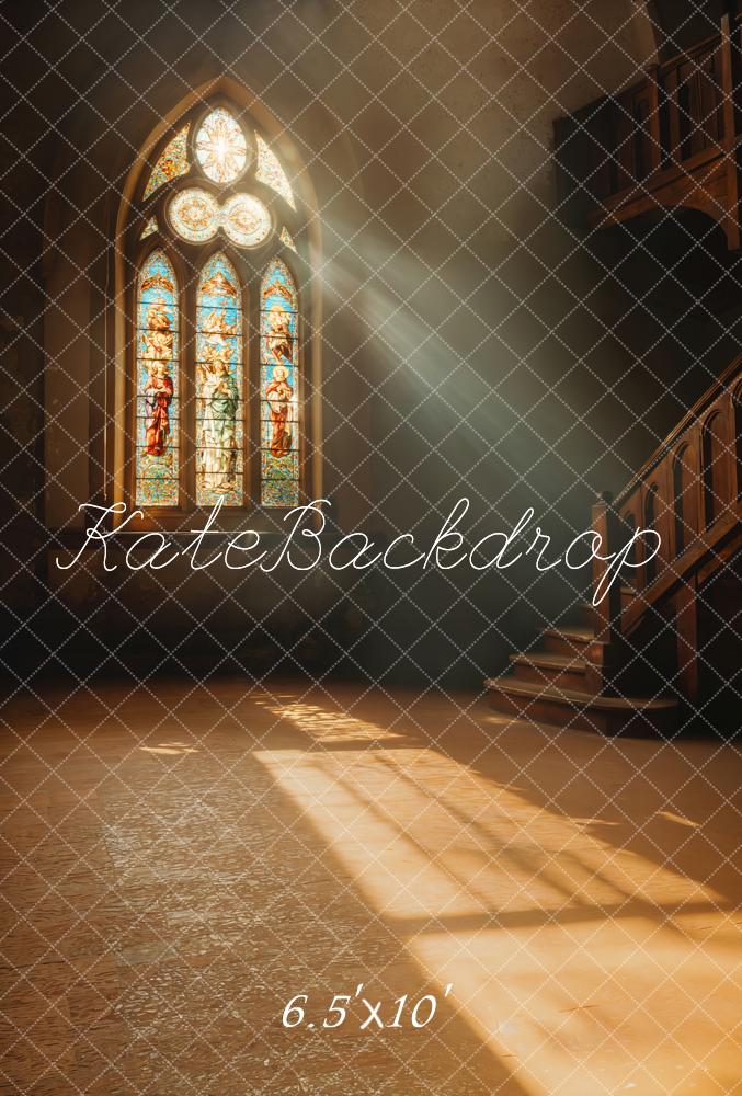 Kate Stained Glass Window Staircase Sunlight Fleece Backdrop Designed by Emetselch - Kate Backdrop AU