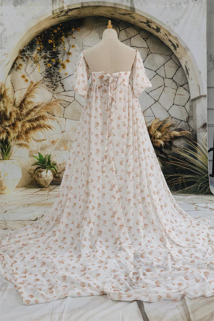 Kate Chiffon Flower Printed White Maternity Photoshoot Dress - Kate Backdrop AU