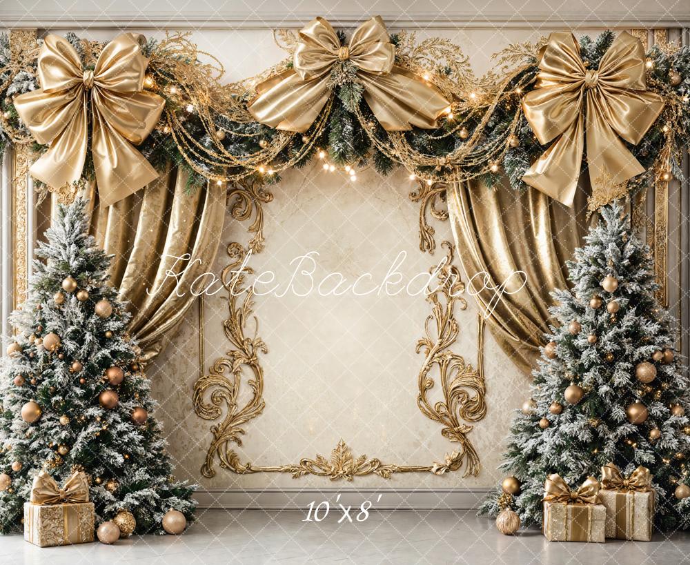 Kate Christmas Trees Gold Bows Fleece Backdrop Designed by Chain - Kate Backdrop AU