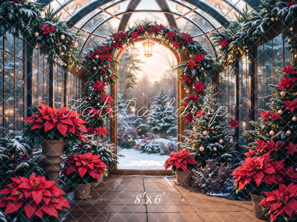 Kate Christmas Poinsettia Garland Snowy Trees Backdrop Designed by Emetselch - Kate Backdrop AU