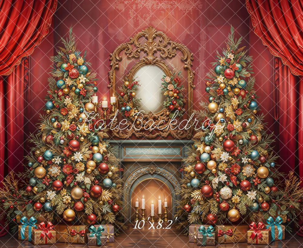 Kate Christmas Tree Fireplace Red Curtains Backdrop Designed by Emetselch - Kate Backdrop AU