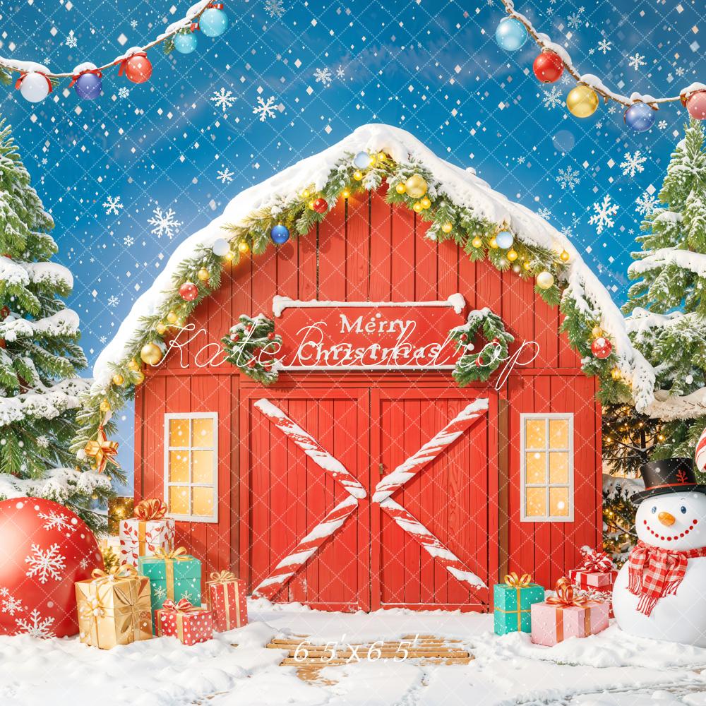 Kate Christmas Red Barn Snowman Presents Trees Backdrop Designed by Chain - Kate Backdrop AU