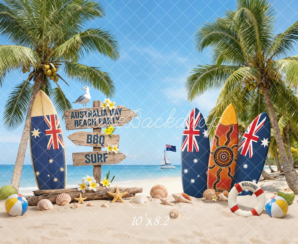 Kate Australia Day Surfboards Palm Trees Beach Backdrop Designed by Emetselch