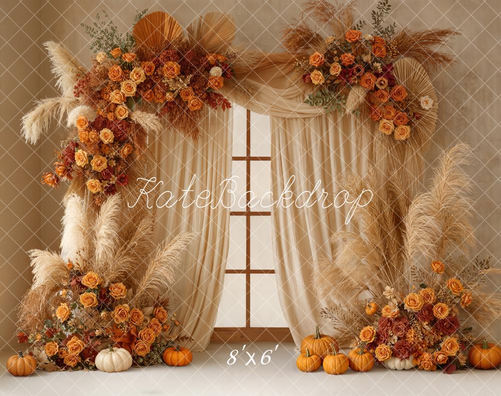 Kate Autumn Flower Arch Pampas Pumpkins Fleece Backdrop Designed by Emetselch