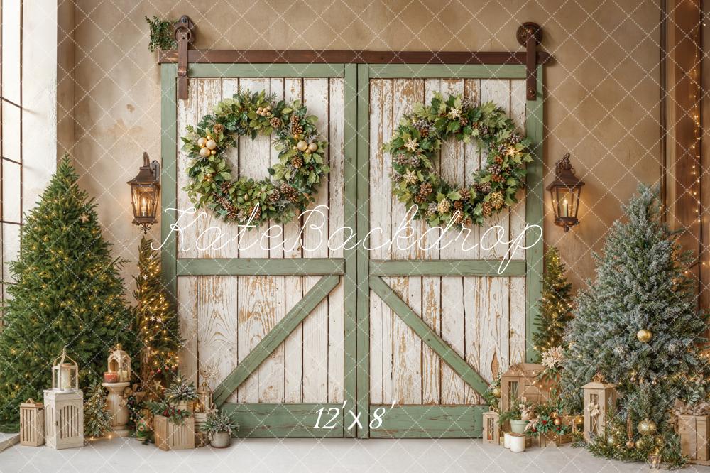 Kate Christmas Barn Door Trees Fleece Backdrop Designed by Emetselch