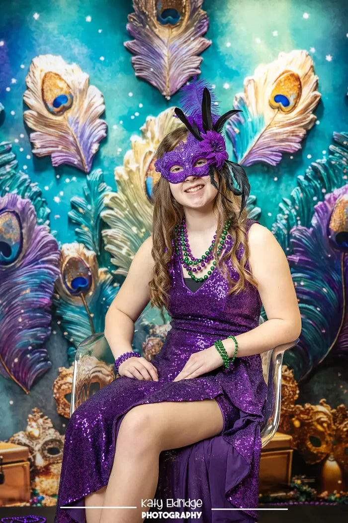 Kate Mardi Gras Peacock Feather Mask Wall Backdrop Designed by Mini MakeBelieve - Kate Backdrop AU