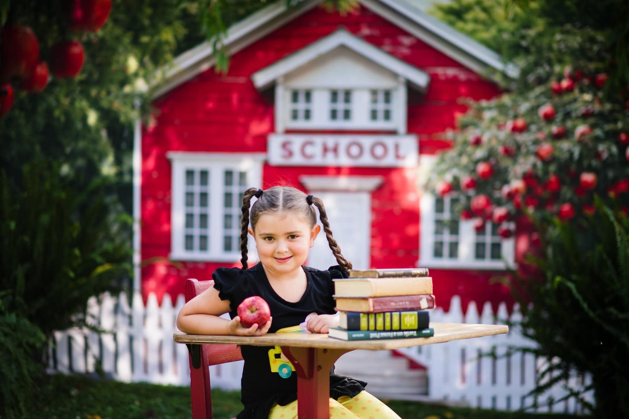 Kate Back to School Red House Apple Tree Fence Backdrop Designed by Chain Photography - Kate Backdrop AU
