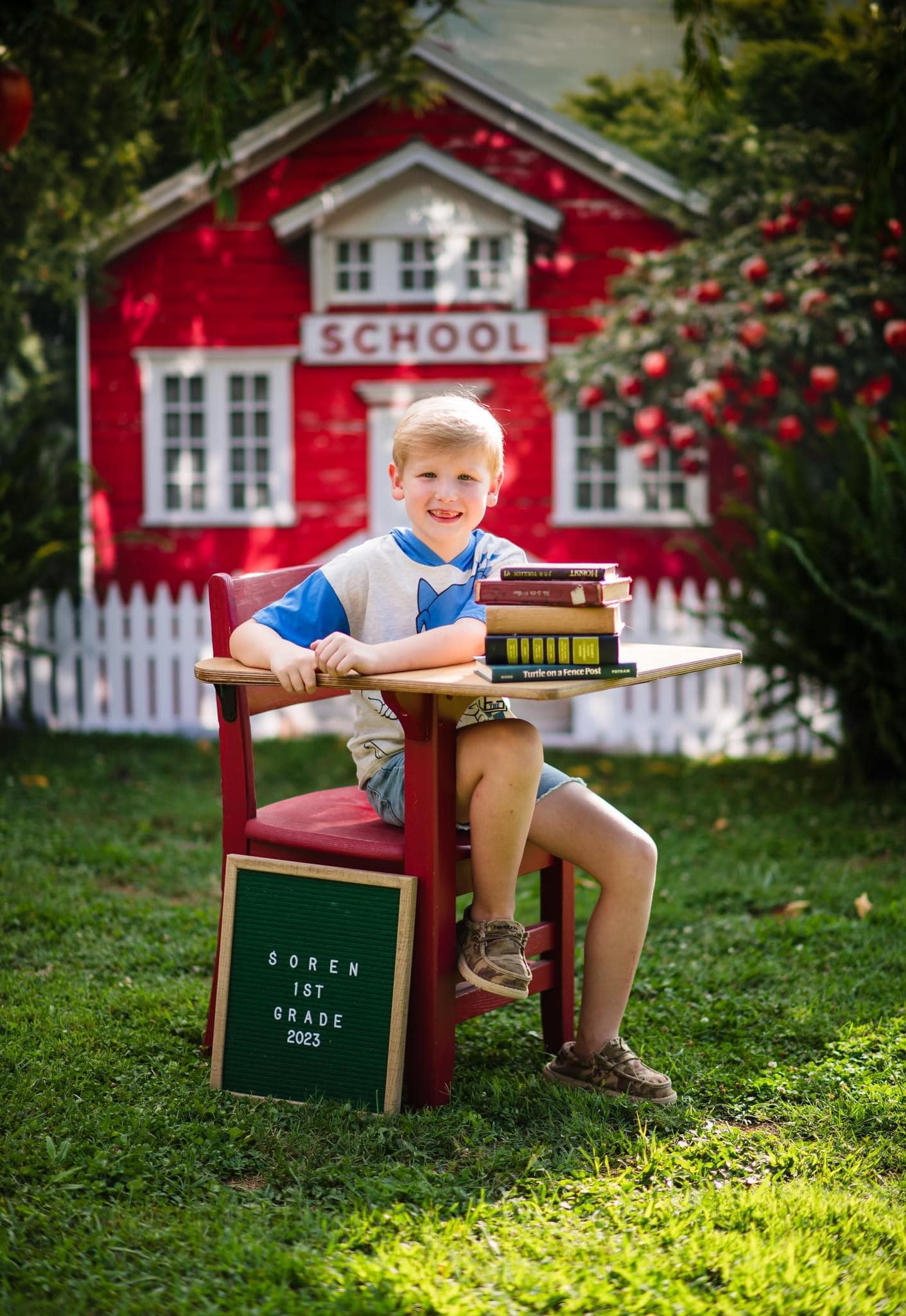 Kate Back to School Red House Apple Tree Fence Backdrop Designed by Chain Photography - Kate Backdrop AU