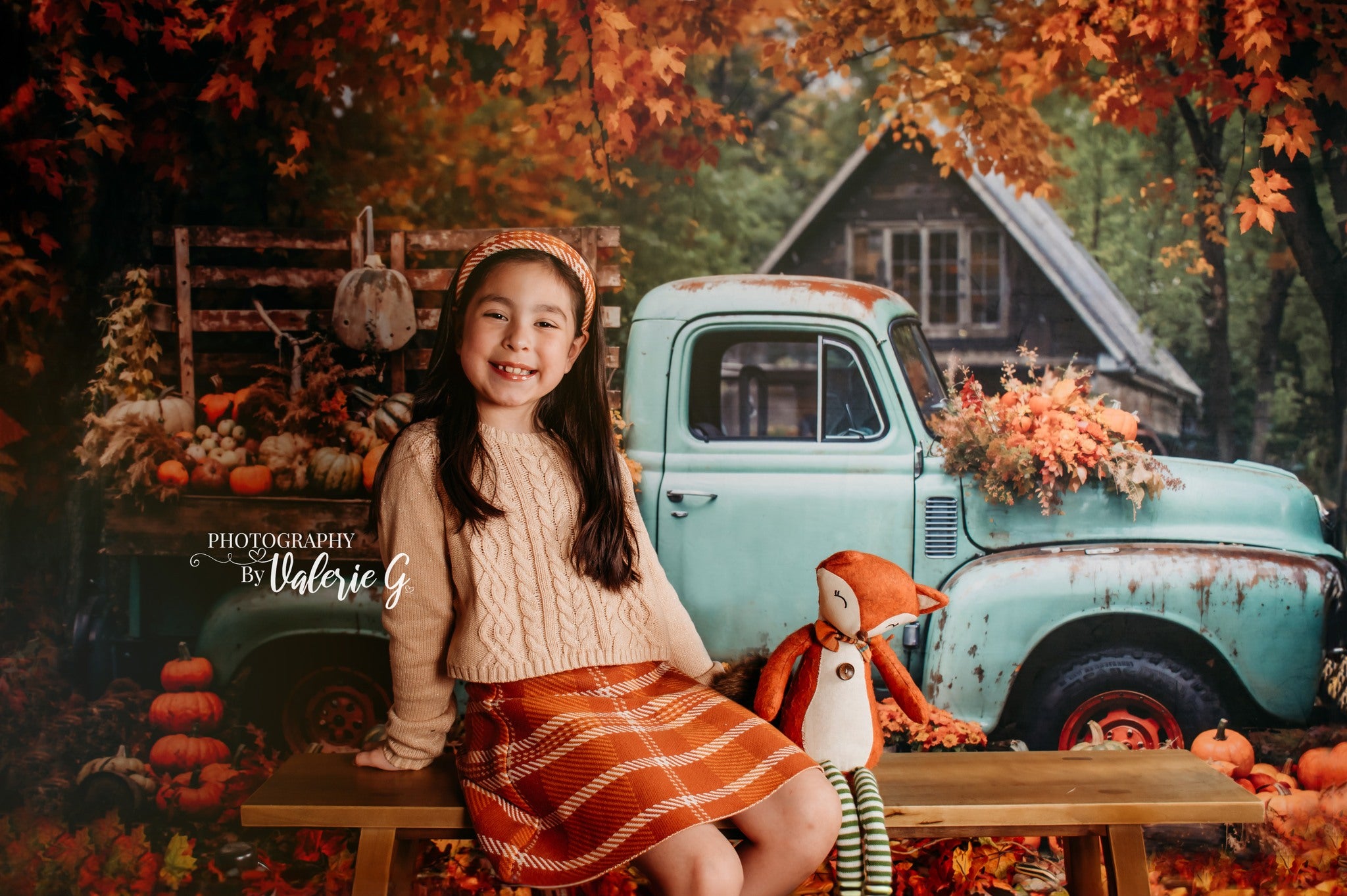 Kate Autumn Truck Backdrop Golden Leaves Old House Designed by Chain Photography - Kate Backdrop AU