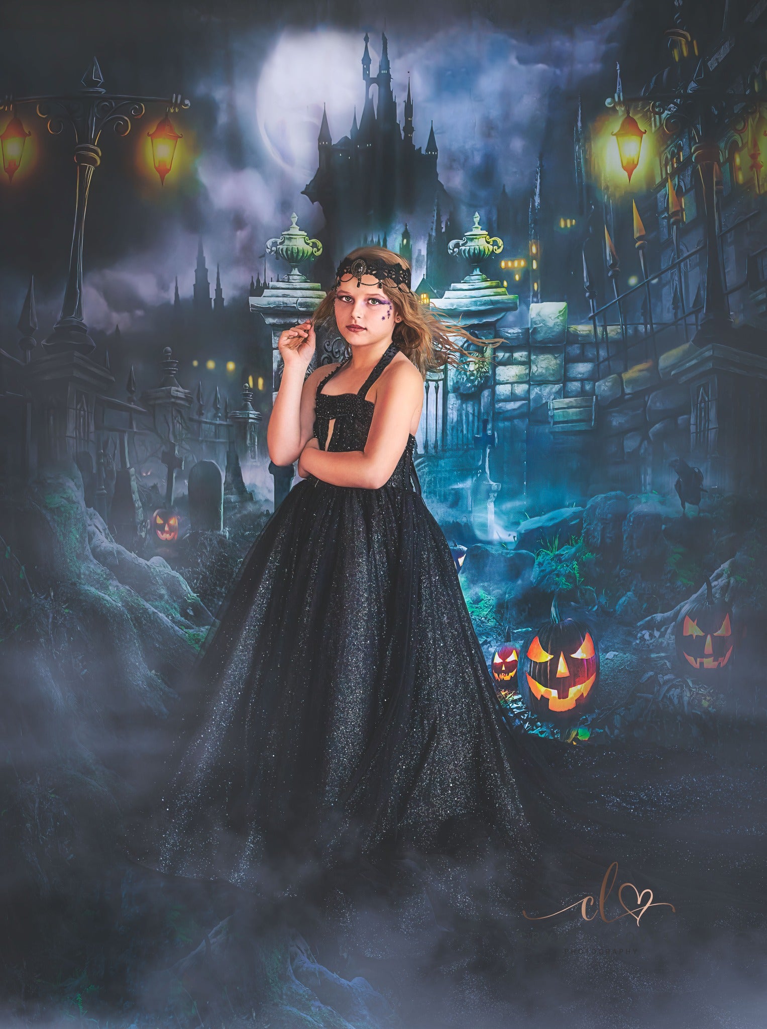 Kate Halloween Pumpkin Backdrop Castle Night Moon for Photography - Kate Backdrop AU