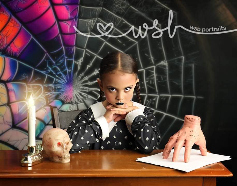 Kate Spooky Halloween Backdrop Attic Dorm Room Colorful Spiderweb Window Designed by Mini MakeBelieve - Kate Backdrop AU