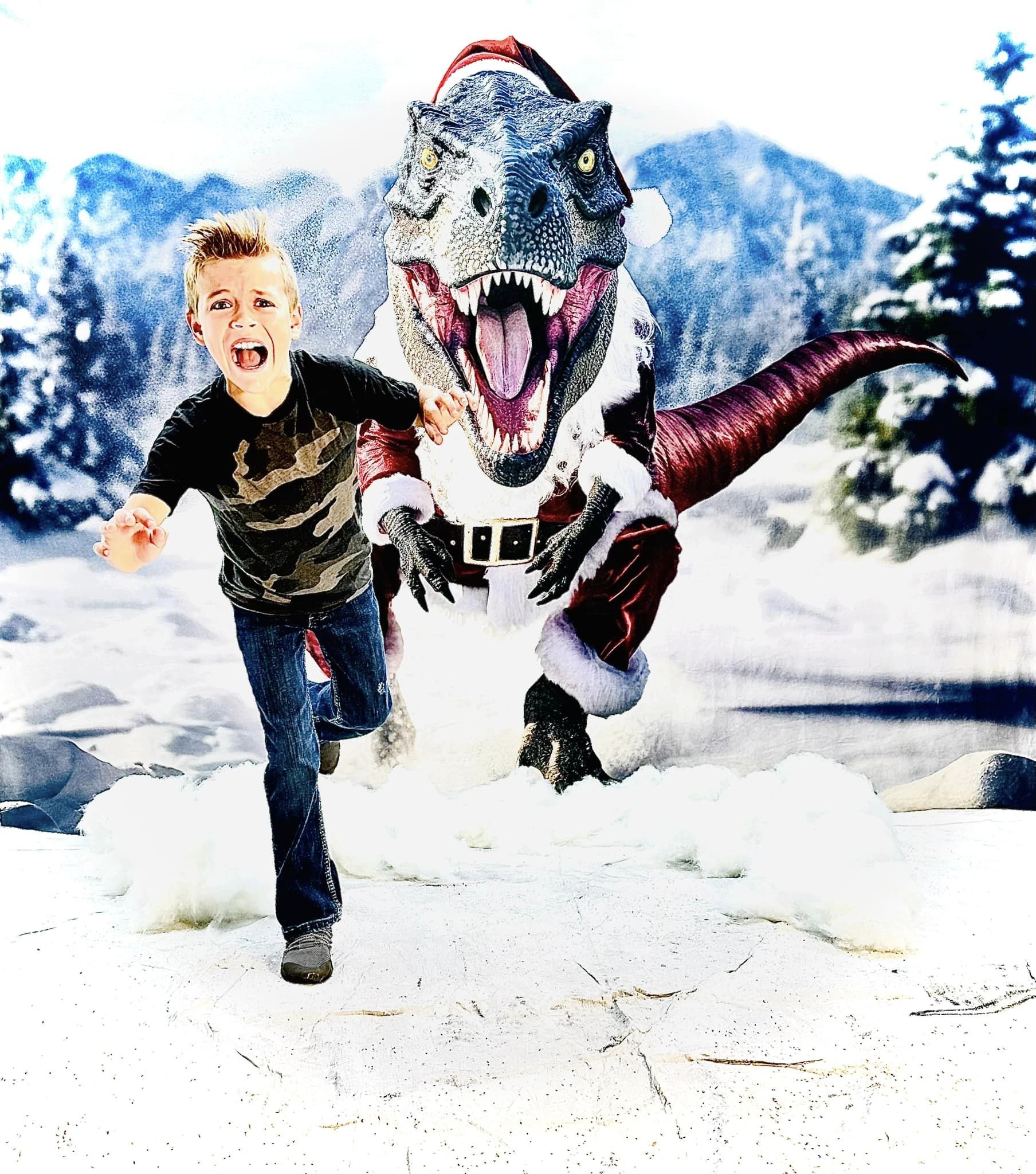 Kate T-Rex with Christmas Santa Clothes in Winter Backdrop Designed by Mini MakeBelieve - Kate Backdrop AU