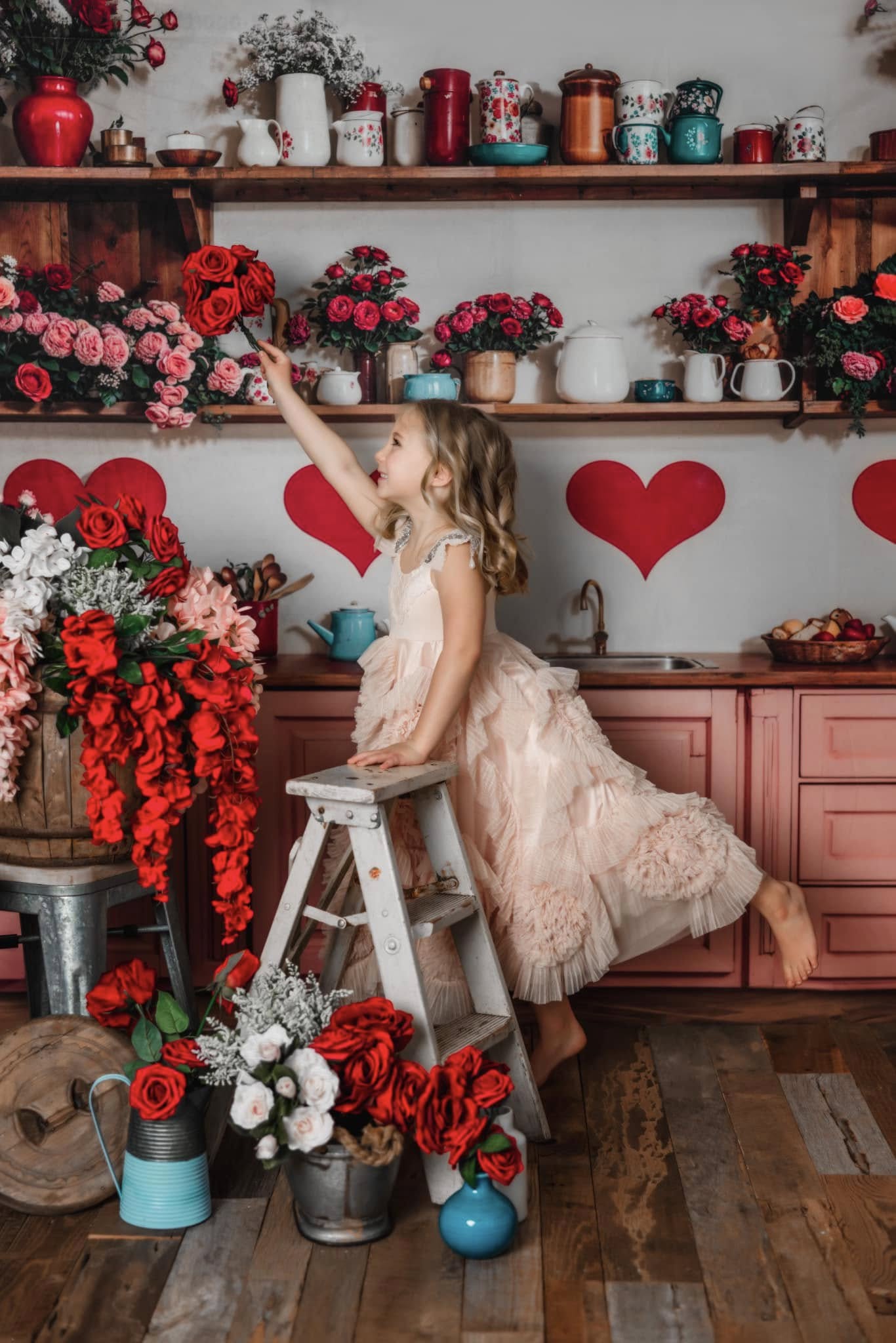 Kate Valentine Kitchen Floral Red Heart Backdrop Designed by Emetselch - Kate Backdrop AU