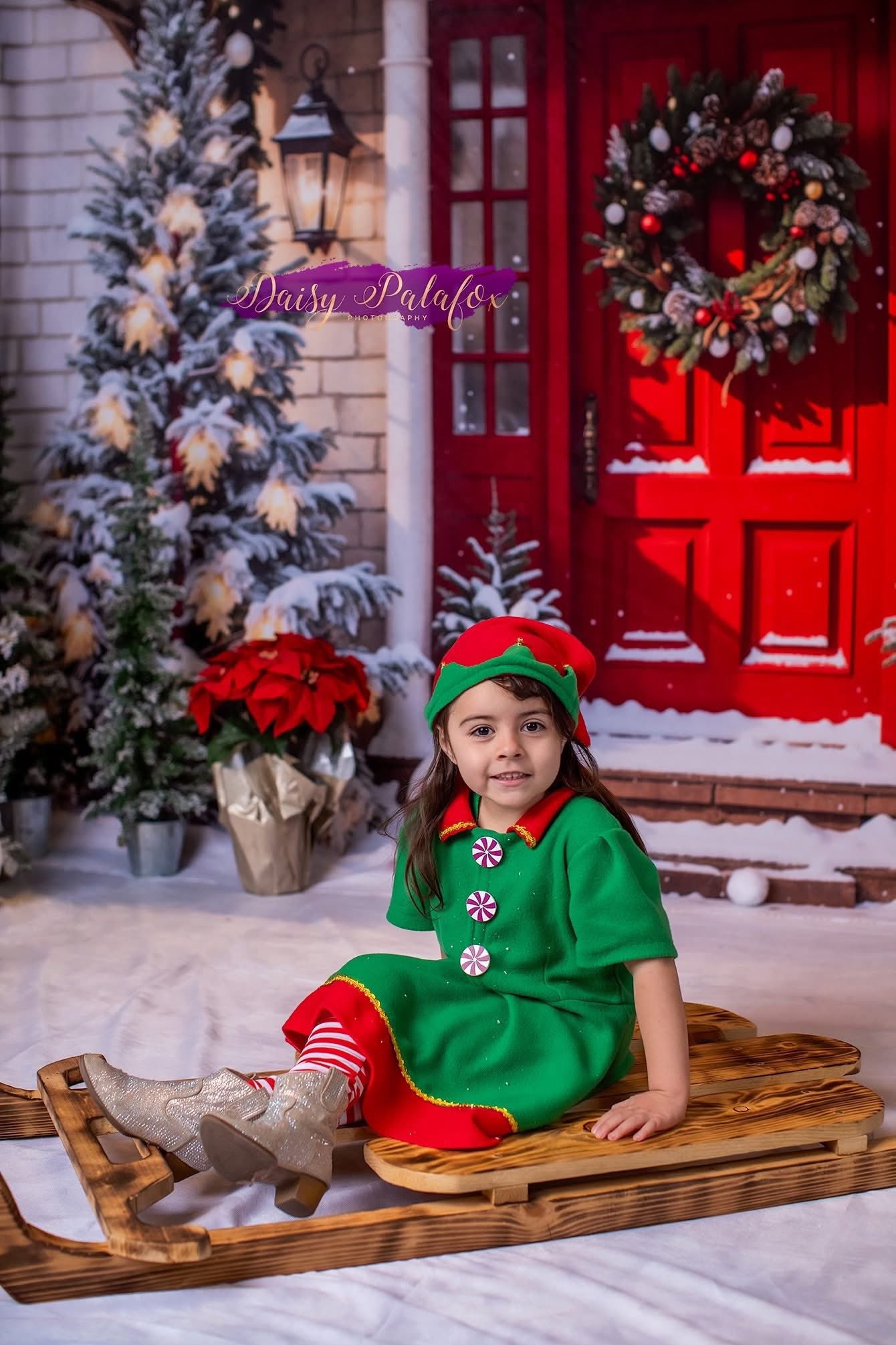 Kate Christmas Snow Forest Red Door Brick House Room Set(8ftx8ft&10ftx8ft&8ftx10ft) - Kate Backdrop AU