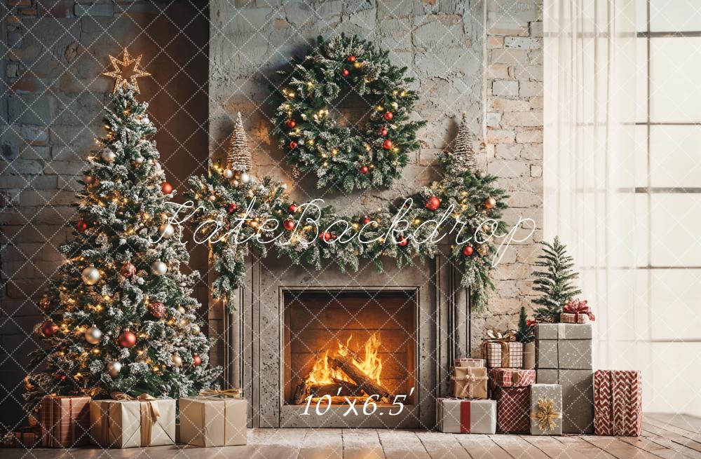 Kate Christmas Tree Fireplace Wreath Presents Backdrop Designed by Emetselch - Kate Backdrop AU