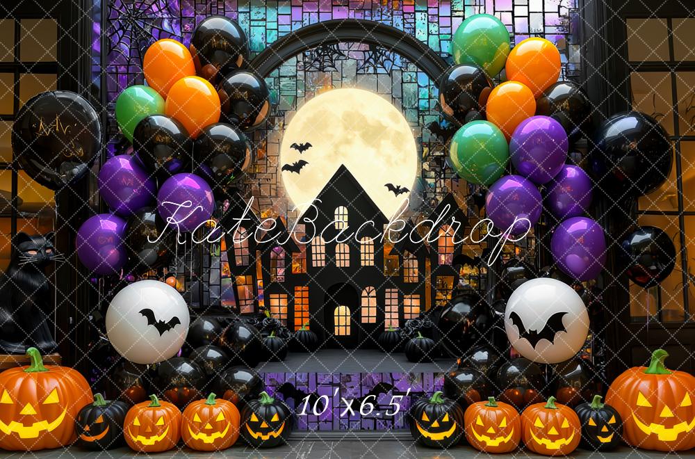 Kate Halloween House Balloons Pumpkins Backdrop Designed by Mini MakeBelieve - Kate Backdrop AU