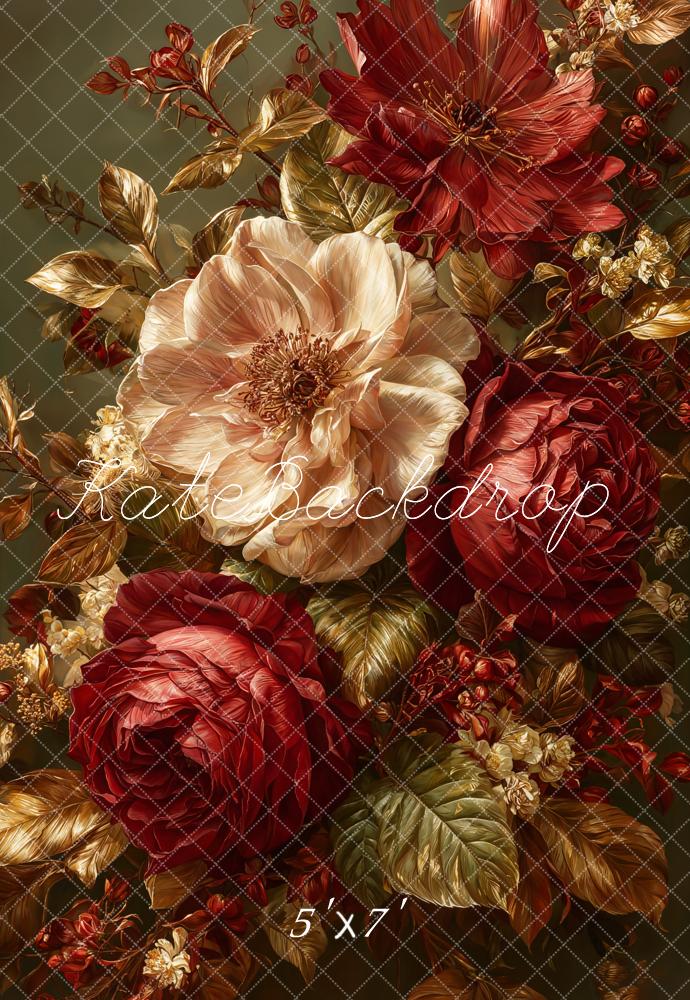 Kate Red Gold Flowers Leaves Backdrop Designed by GQ