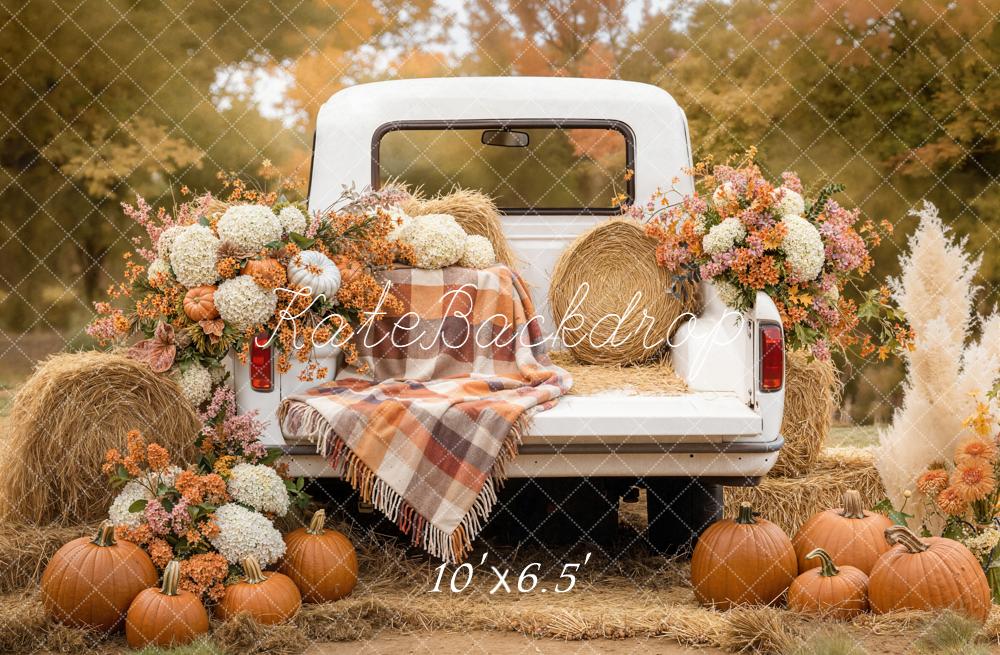 Kate Fall Truck Floral Pumpkins Hay Fleece Backdrop Designed by Emetselch