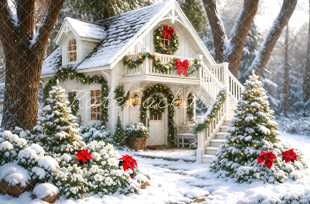 Kate Christmas Snow Cottage Garland Trees Backdrop Designed by Mini MakeBelieve - Kate Backdrop AU