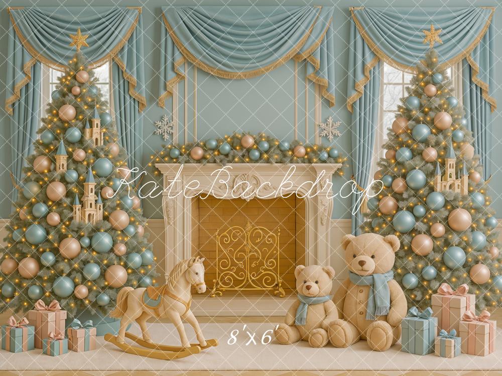 Kate Christmas Trees Fireplace Presents Backdrop Designed by Ashley Paul