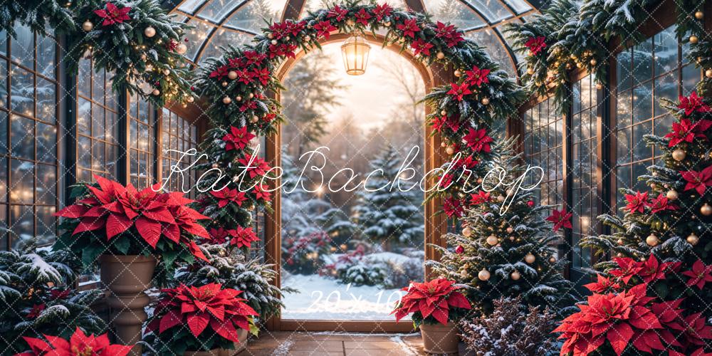 Kate Christmas Poinsettia Garland Snowy Trees Backdrop Designed by Emetselch - Kate Backdrop AU