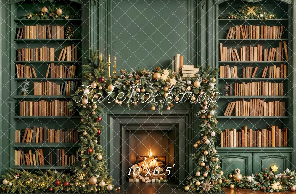 Kate Christmas Fireplace Bookshelves Green Backdrop Designed by Emetselch - Kate Backdrop AU