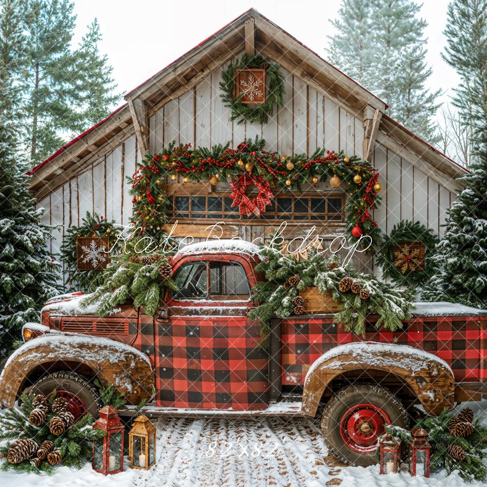 Kate Christmas Truck Plaid Snow Backdrop Designed by Emetselch - Kate Backdrop AU