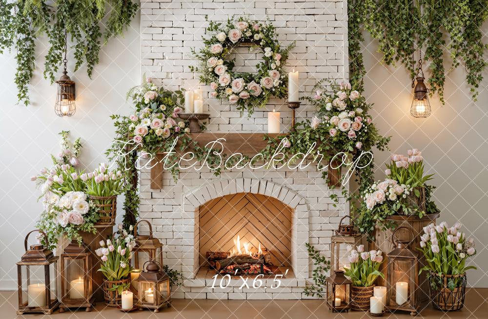 Kate Spring Brick Fireplace Flower Garland Candles Backdrop Designed by Emetselch