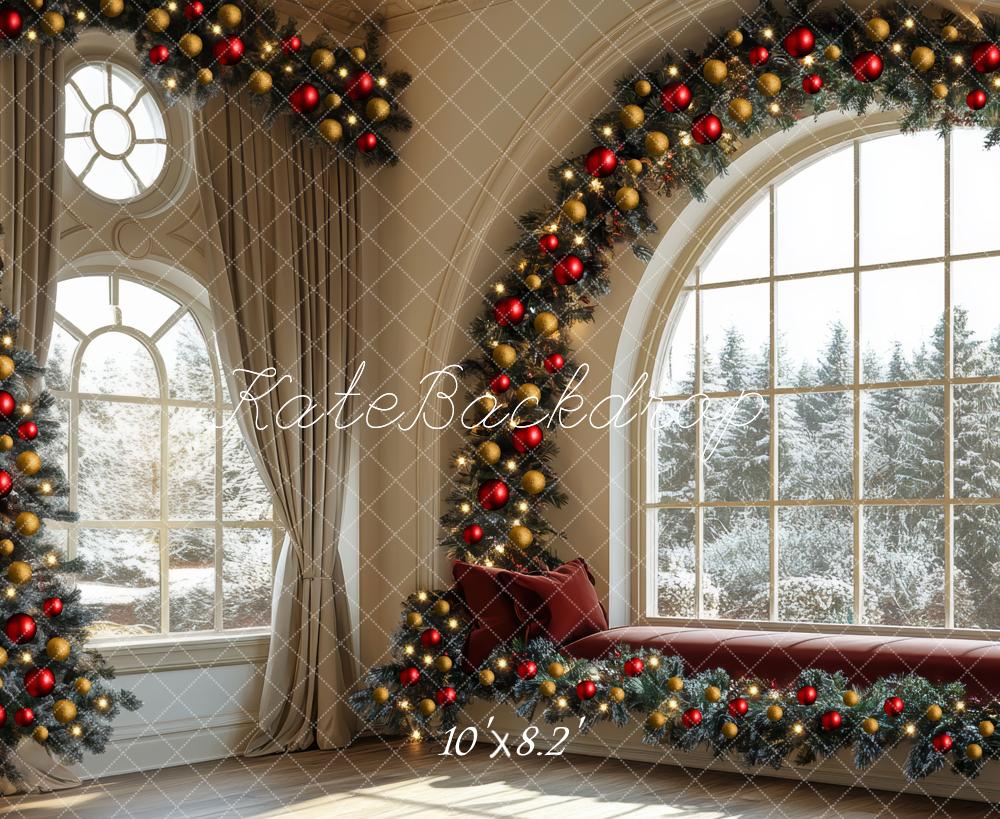 Kate Christmas Window Bench Garland Backdrop Designed by Mini MakeBelieve - Kate Backdrop AU