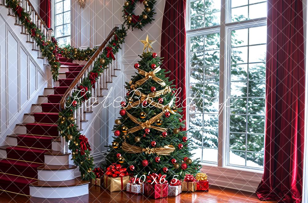 Kate Christmas Tree Staircase Window Presents Backdrop Designed by Mini MakeBelieve - Kate Backdrop AU