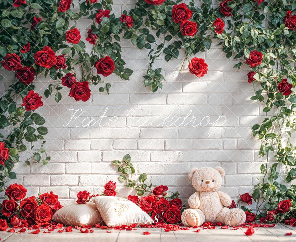 Kate Red Roses Teddy Bear White Brick Fleece Backdrop Designed by Emetselch