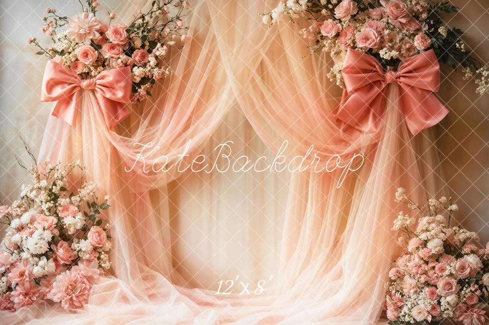 Kate Wedding Pink Flowers Drapes Bow Backdrop Designed by Emetselch