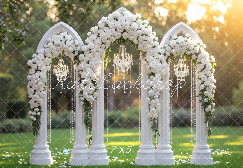 Kate Wedding Flower Arch Chandelier Columns Backdrop Designed by Mini MakeBelieve