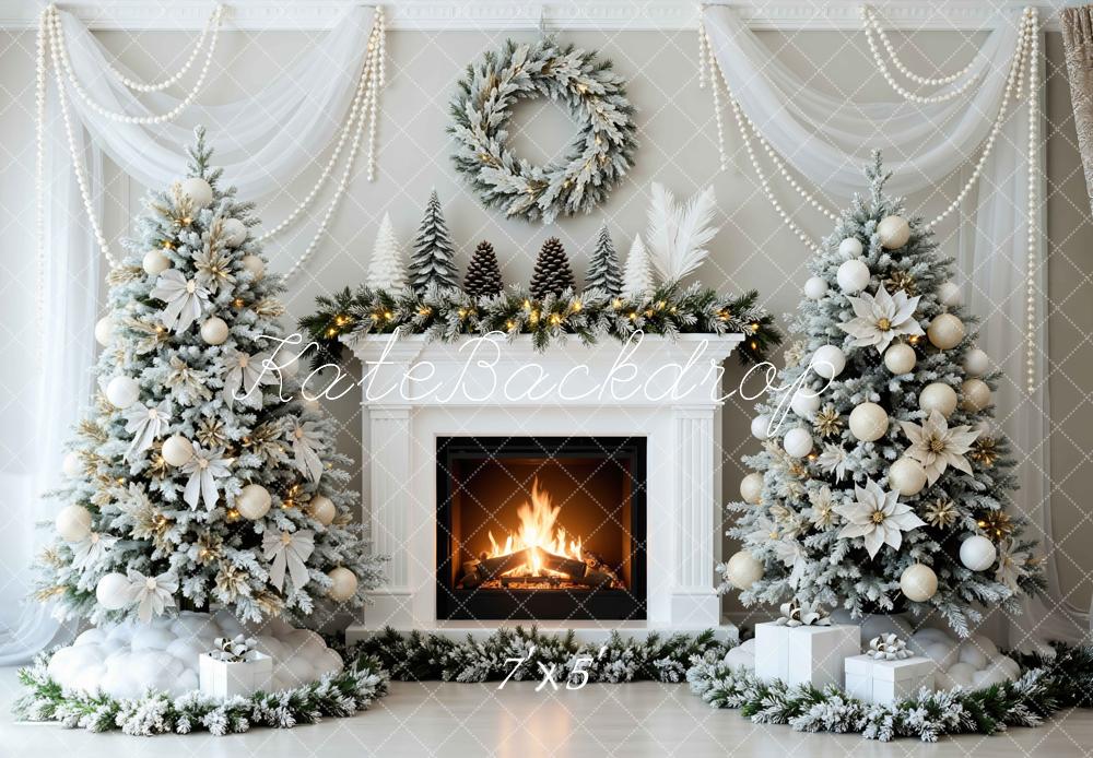 Kate Christmas Fireplace Snowy Trees Backdrop Designed by Mini MakeBelieve