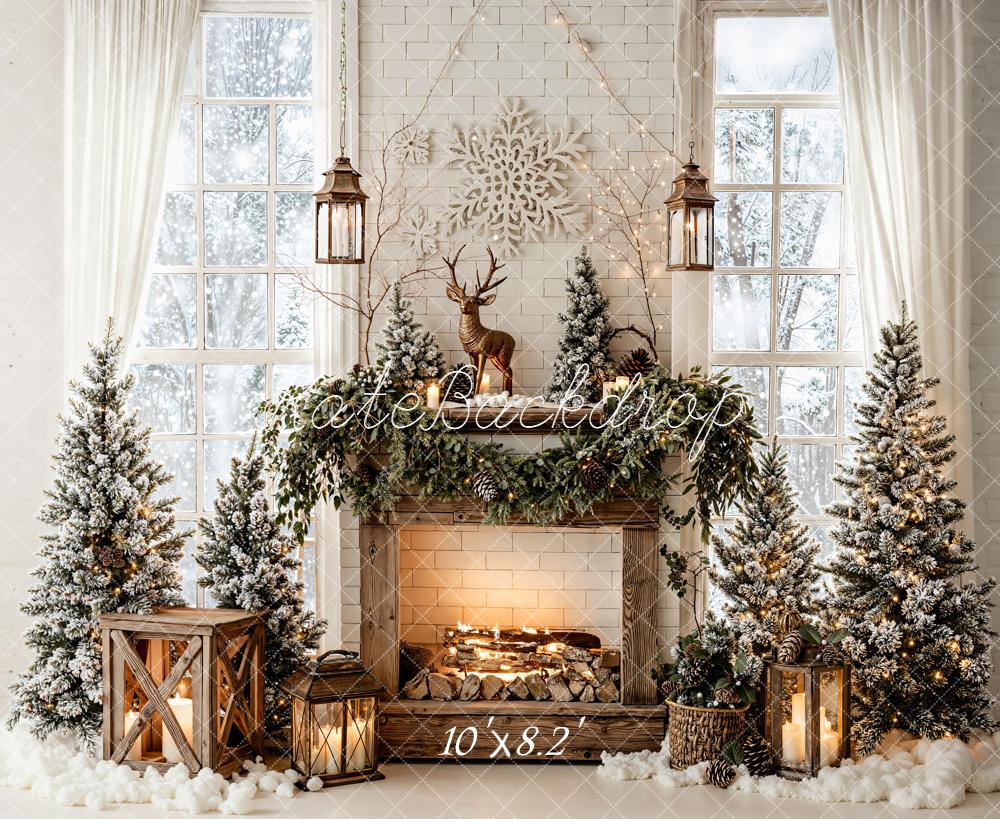 Kate Christmas Fireplace Snowy Trees Reindeer Fleece Backdrop Designed by Emetselch