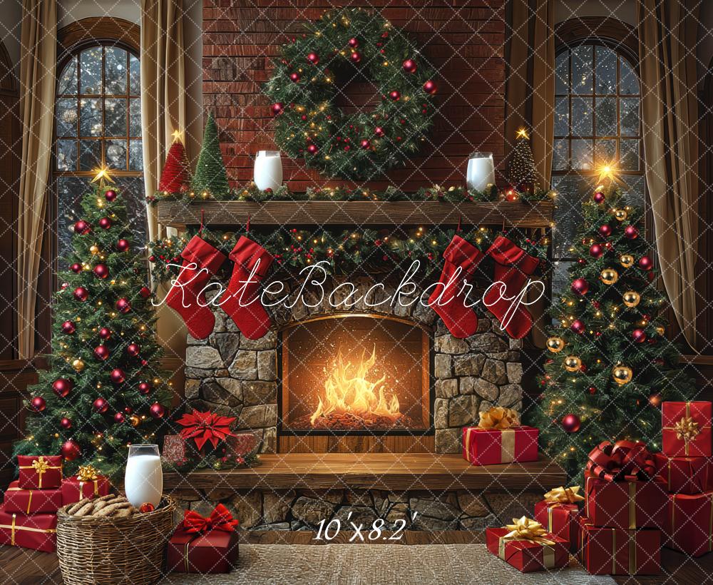 Kate Fireplace Christmas Trees Backdrop Designed by Mini MakeBelieve