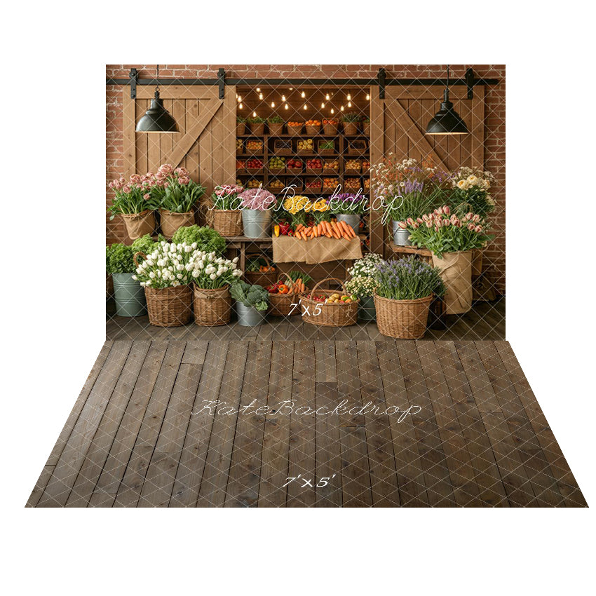 Kate Flower Market Baskets Vegetables Backdrop+Wood Texture Vintage Backdrop