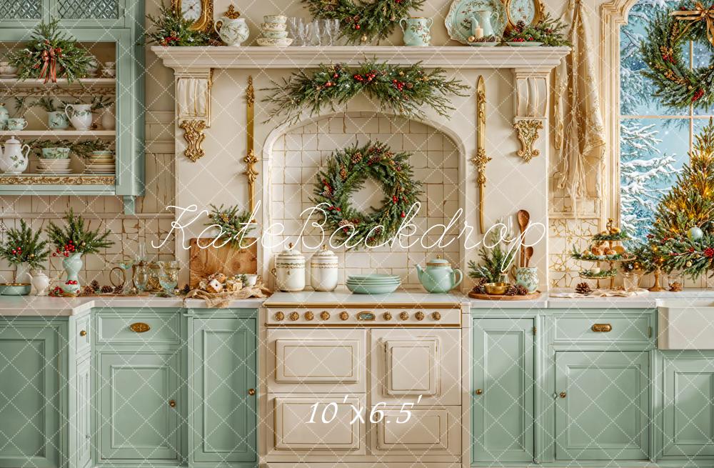 Kate Christmas Kitchen Green Cabinets Backdrop Designed by Emetselch - Kate Backdrop AU