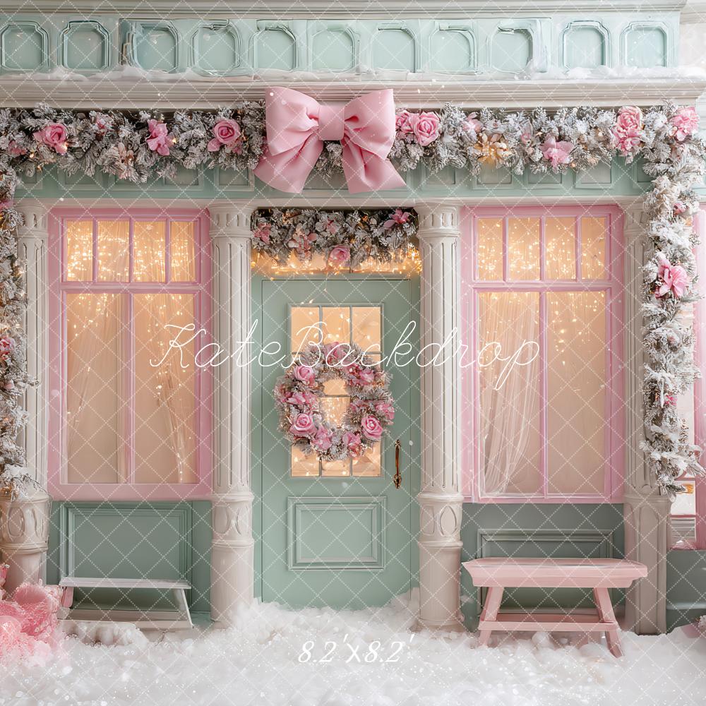 Kate Pink Christmas Shop Frosted Trees Backdrop Designed by Ashley Paul