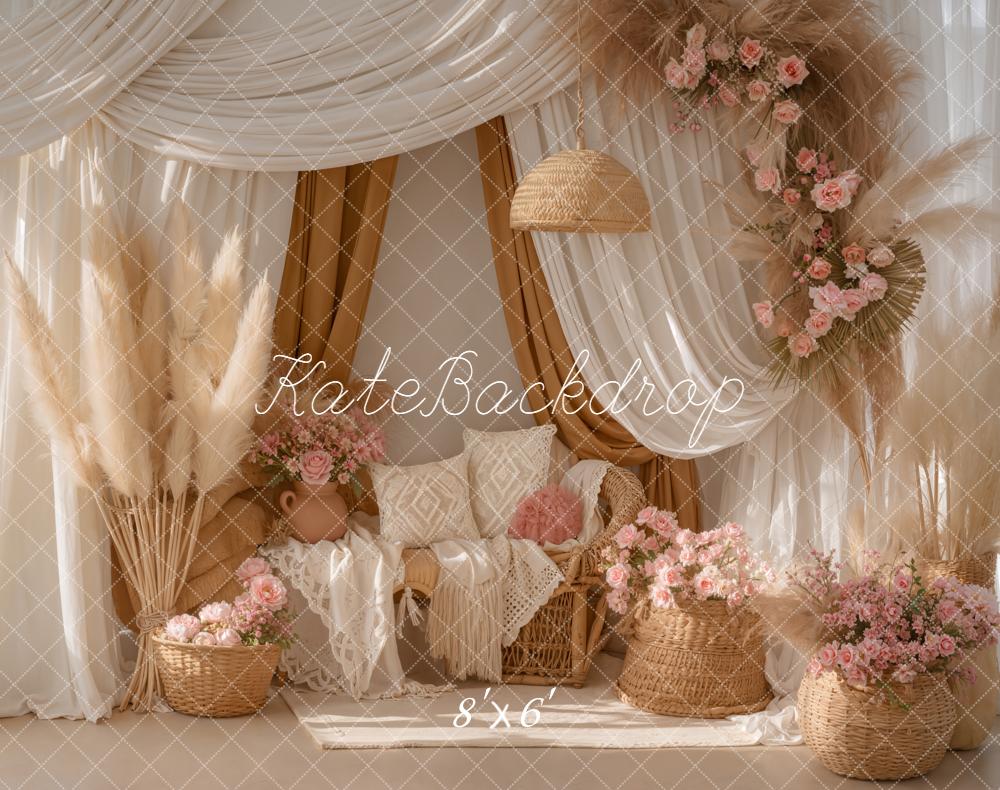 Kate Boho Pampas Grass Pink Flowers Fleece Backdrop Designed by Emetselch